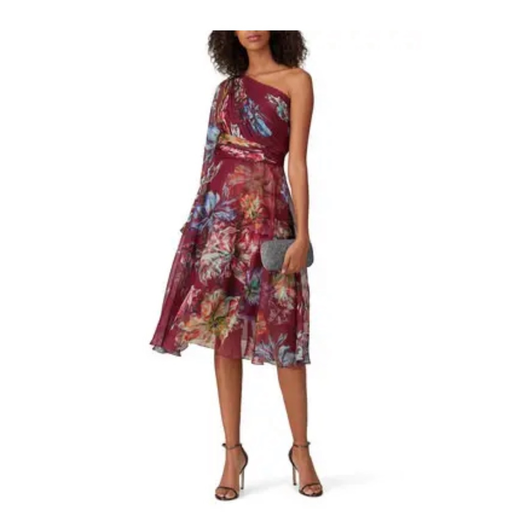 Marchesa Exposed One Arm Floral Printed Cocktail Dress